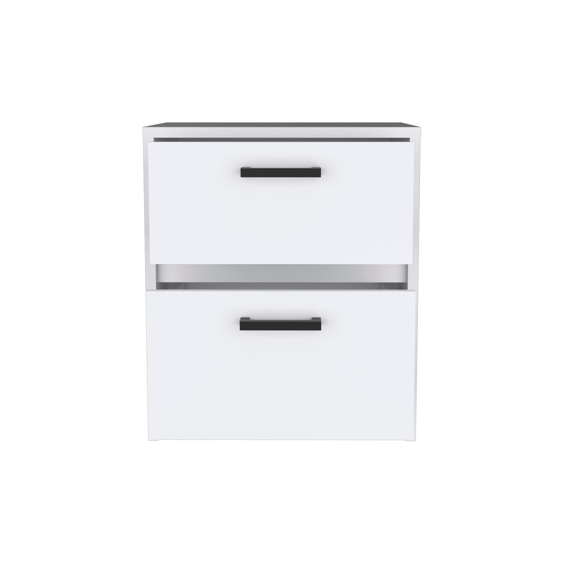 White twodrawer filing cabinet with black handles