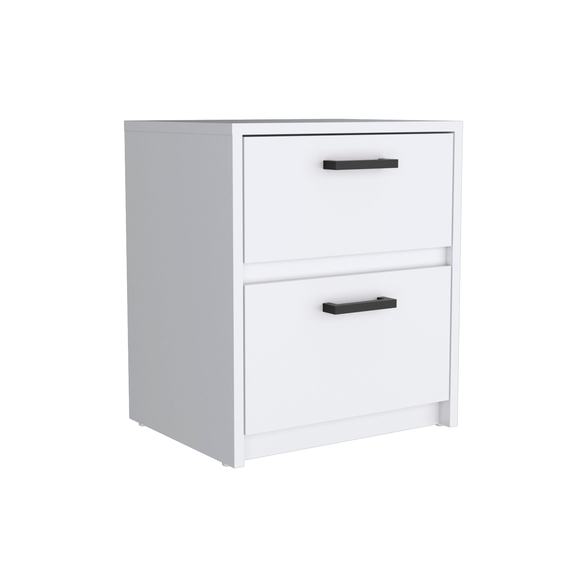 White twodrawer filing cabinet with black handles for office organization
