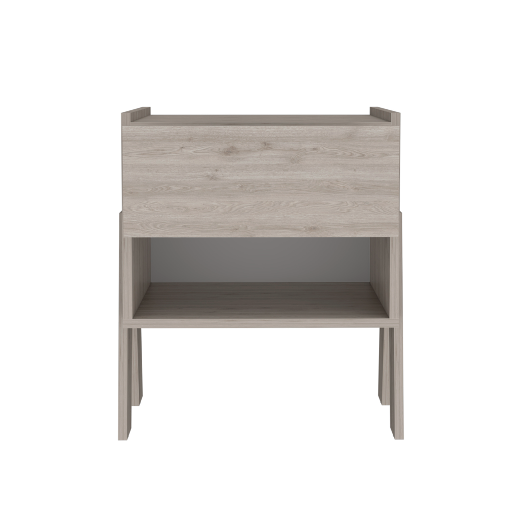 Light oak wood bedside table with open shelving