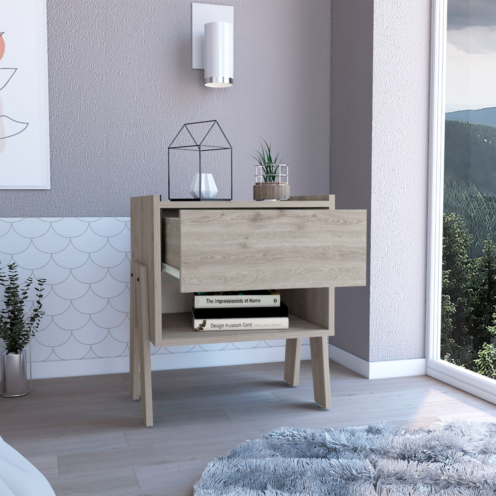 Modern light oak veneer nightstand with open shelf and single drawer