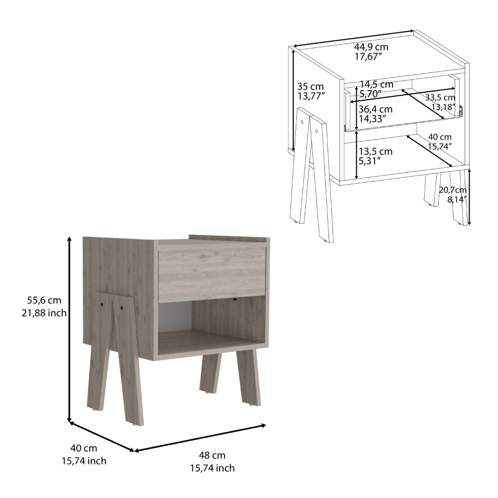Oak effect bedside table with one drawer and open shelf measuring xx cm