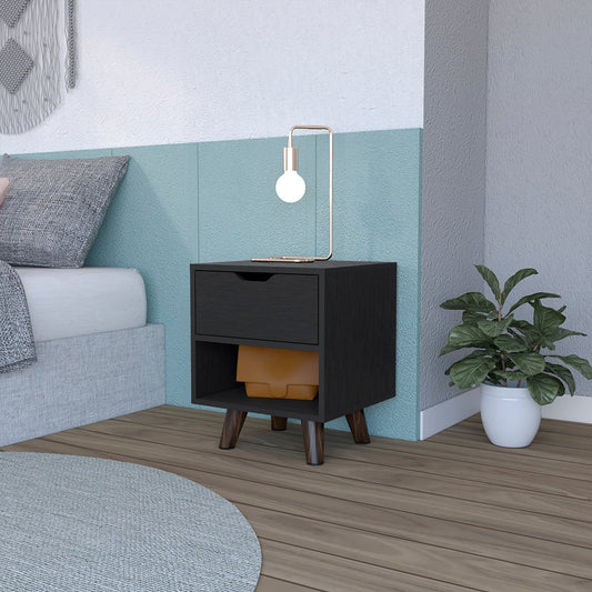Modern black wood nightstand with open shelf and drawer minimalist bedroom furniture
