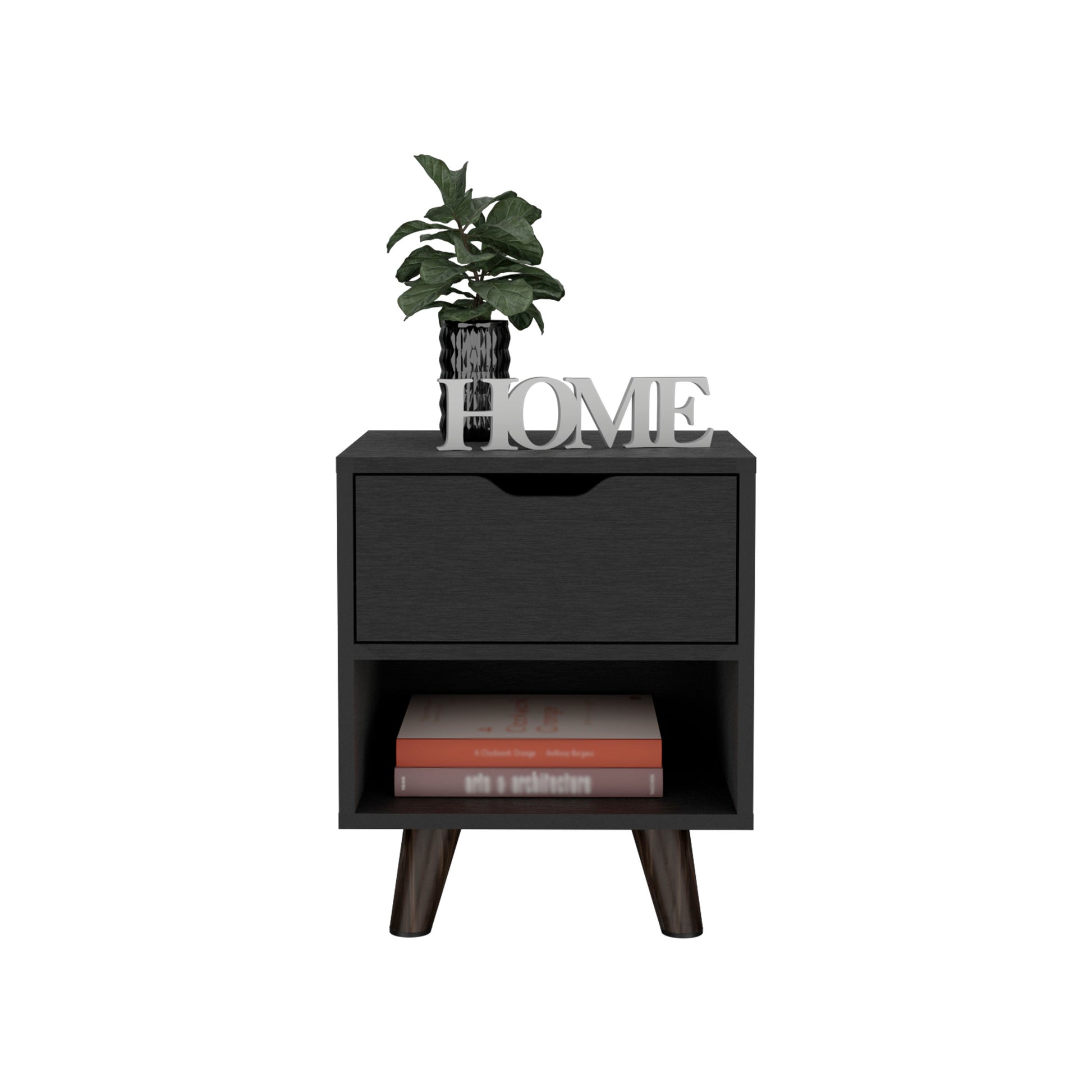 Modern black nightstand with one drawer and open shelf featuring angled wooden legs