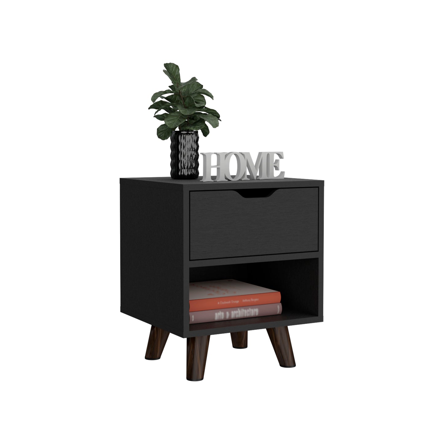Modern black nightstand with one drawer and open shelf featuring angled wooden legs and a decorative plant