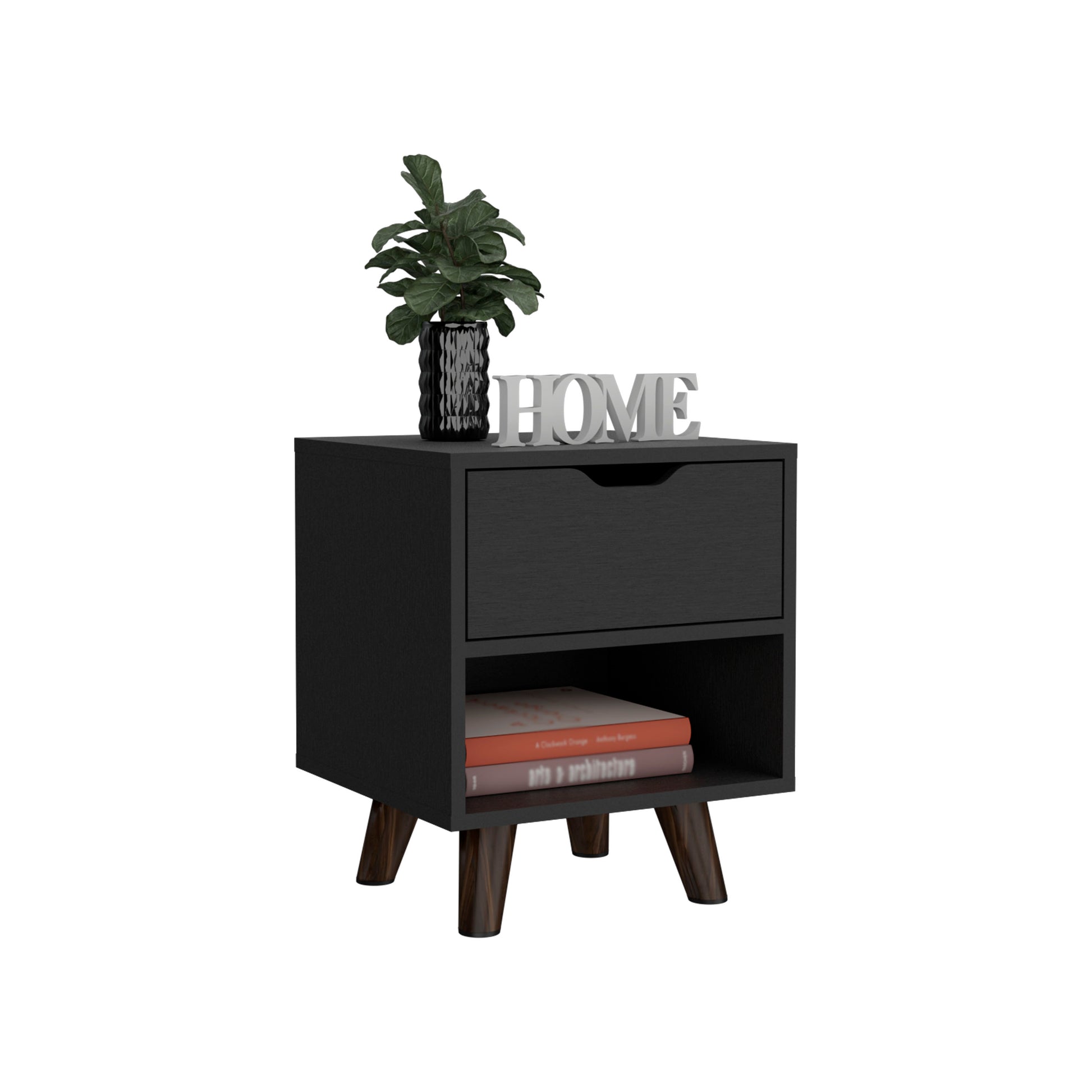 Modern black nightstand with one drawer and open shelf featuring angled wooden legs and a decorative plant