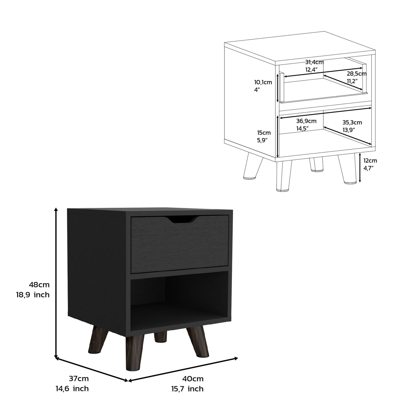 Black wooden nightstand with one drawer and open shelf on tapered legs