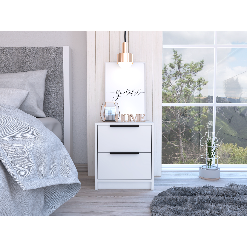 Modern white twodrawer nightstand with black handles and decorative accents