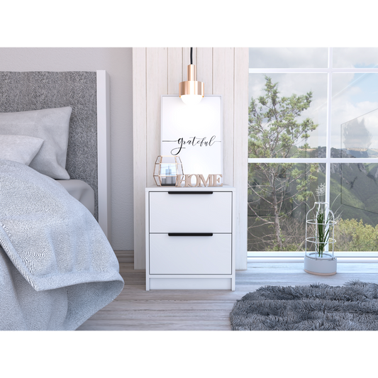 Modern white twodrawer nightstand with black handles and decorative accents
