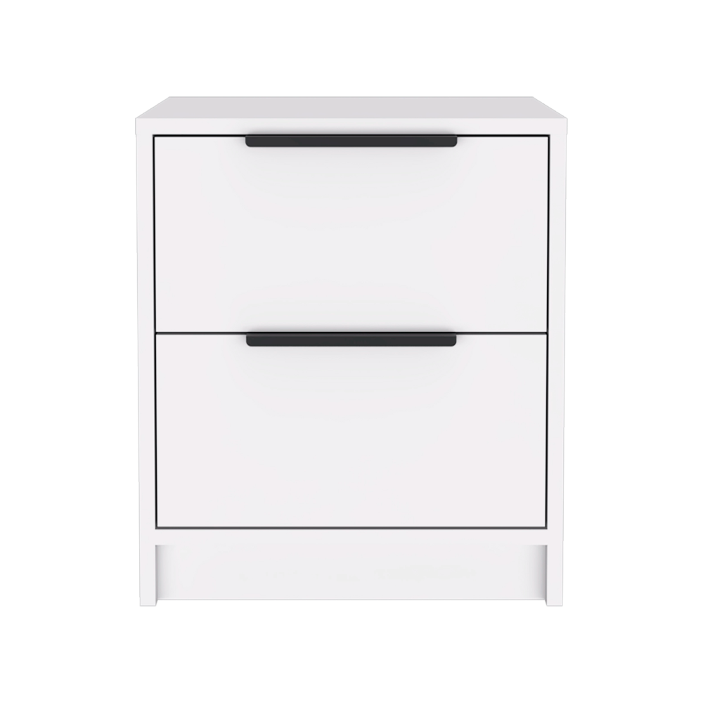 White twodrawer nightstand with black bar pulls modern design