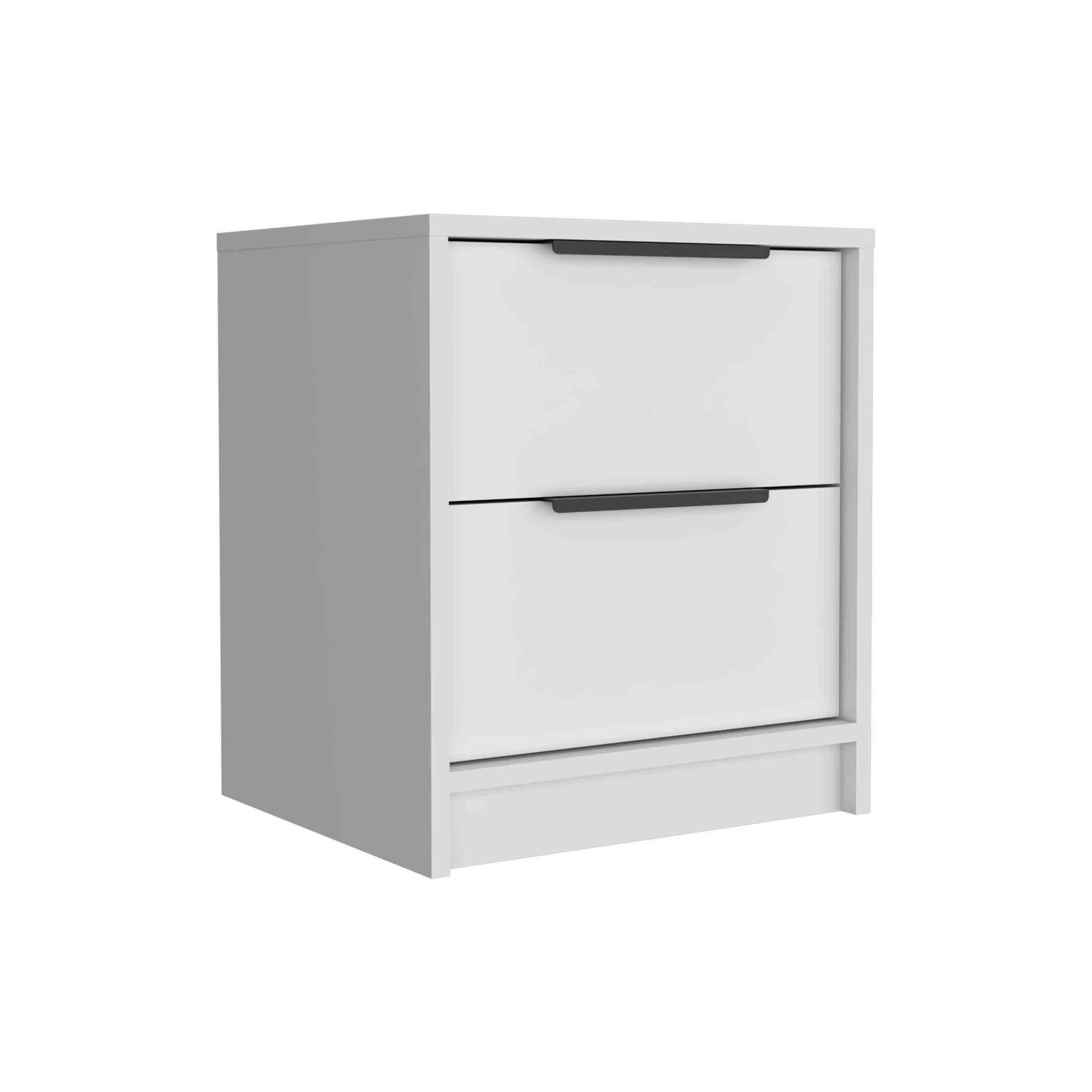 Modern white twodrawer nightstand with black handle pulls perfect for bedroom storage