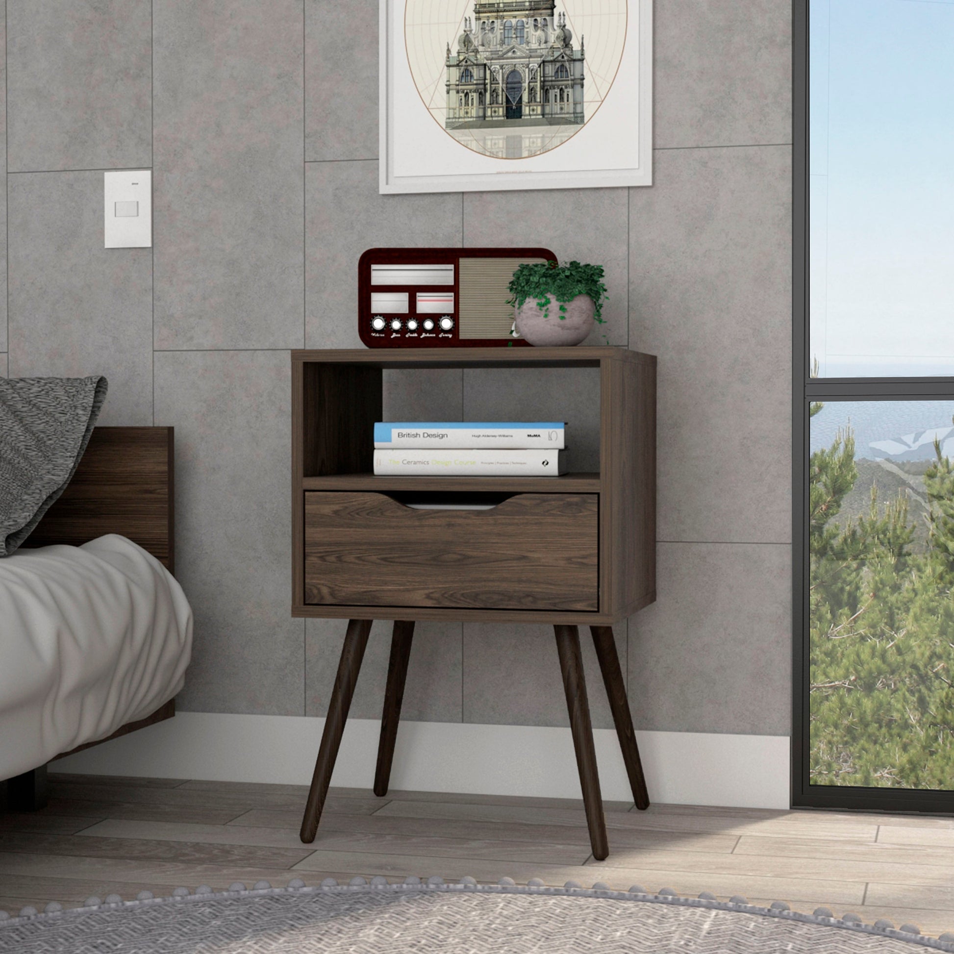 Modern dark wood bedside table with drawer and open shelf perfect for bedrooms