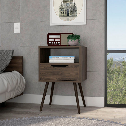 Modern dark wood bedside table with drawer and open shelf perfect for bedrooms