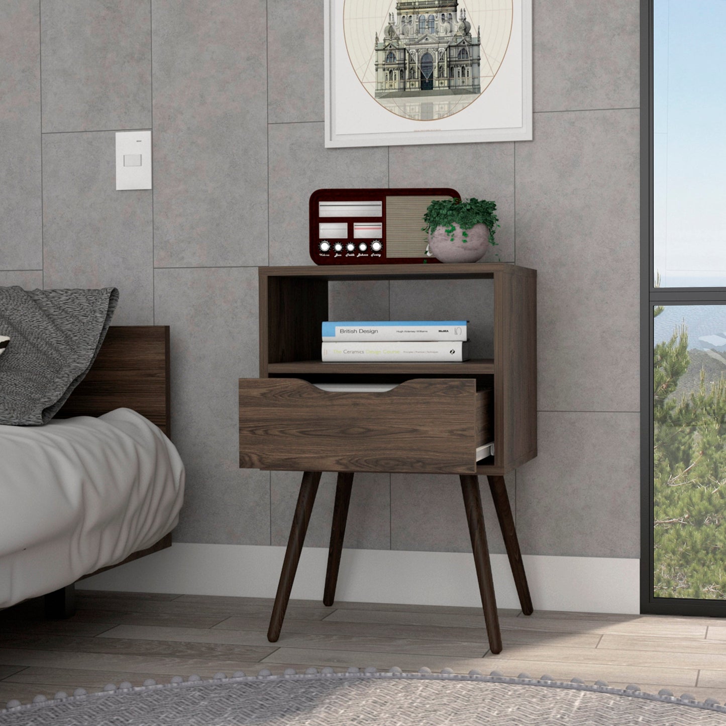 Modern brown wooden nightstand with open shelf and drawer on tapered legs
