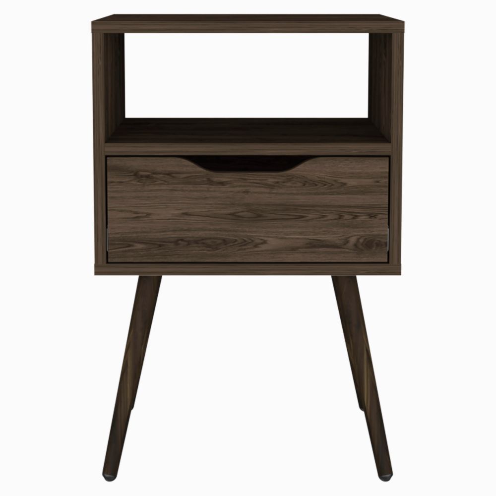 Dark wood midcentury modern nightstand with one drawer and open shelf