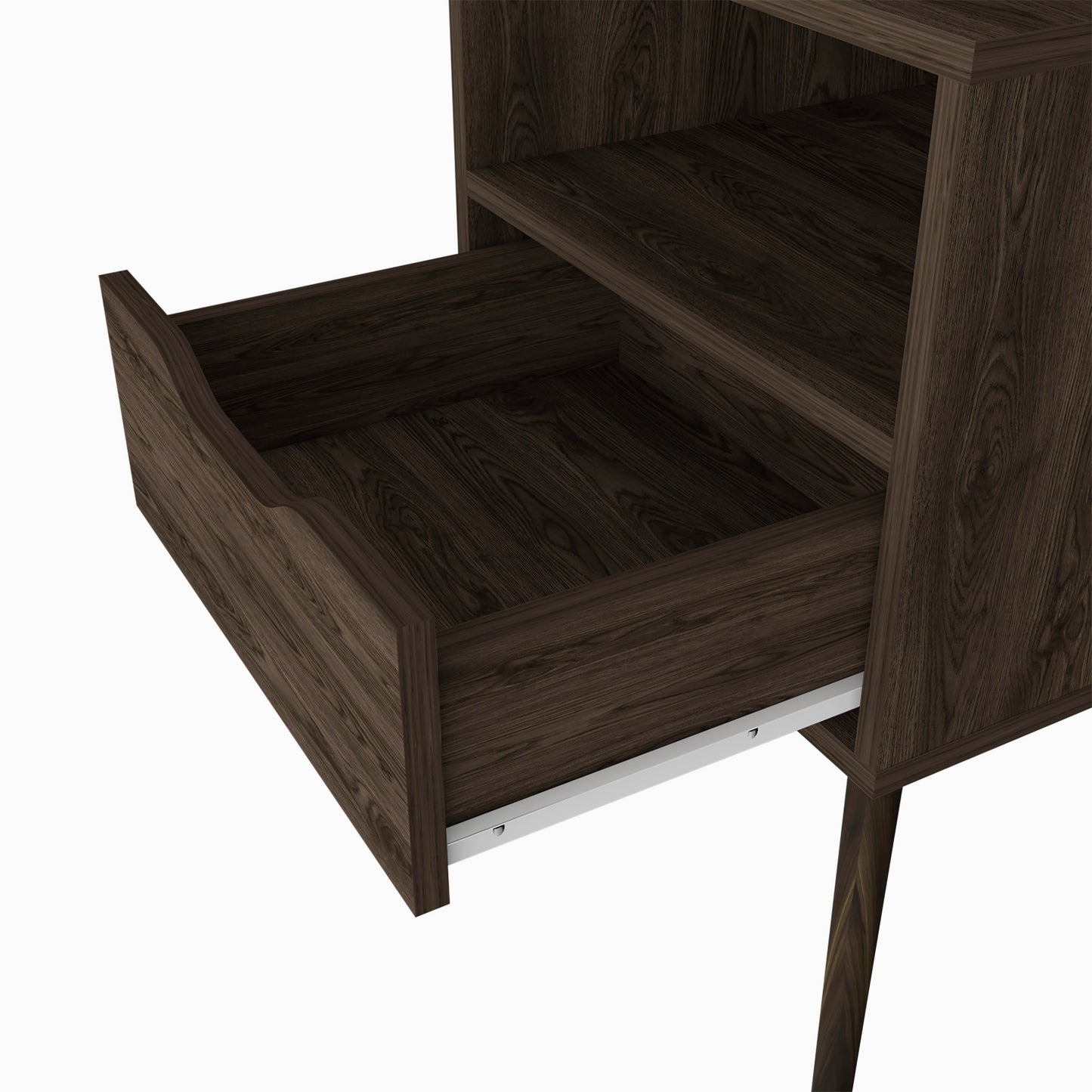 Dark wood nightstand with an open drawer revealing internal wood grain detail