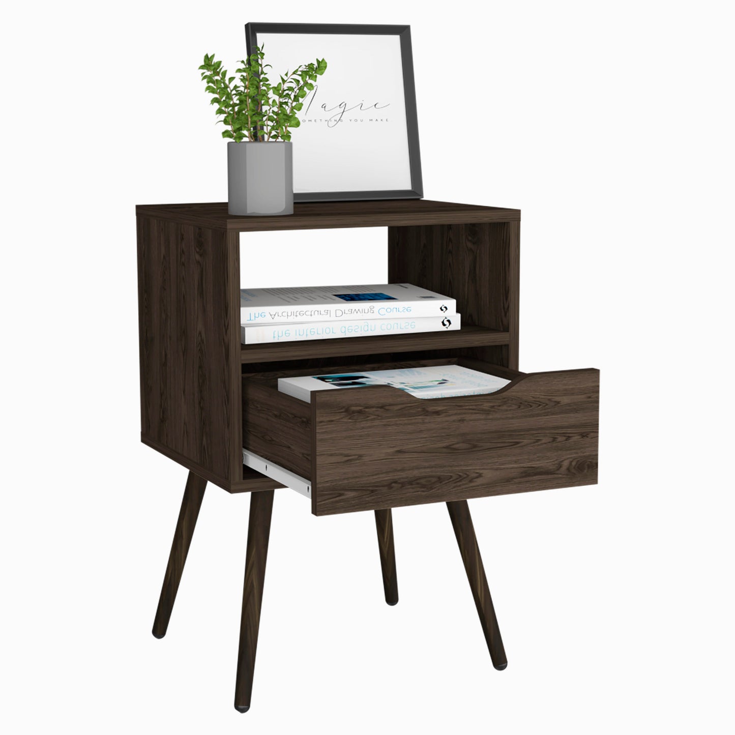 Dark wood midcentury modern nightstand with one drawer and open shelf