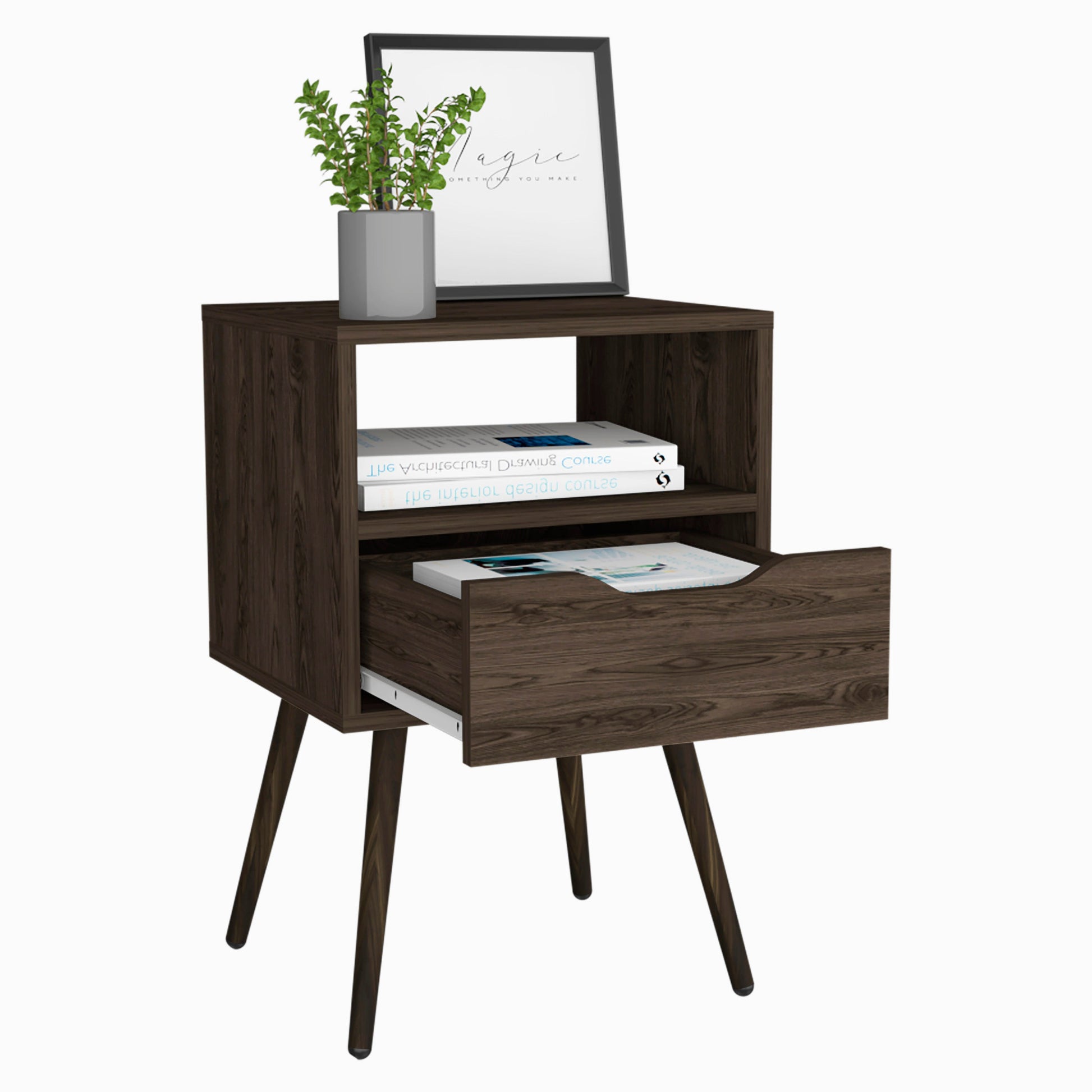 Dark wood midcentury modern nightstand with one drawer and open shelf