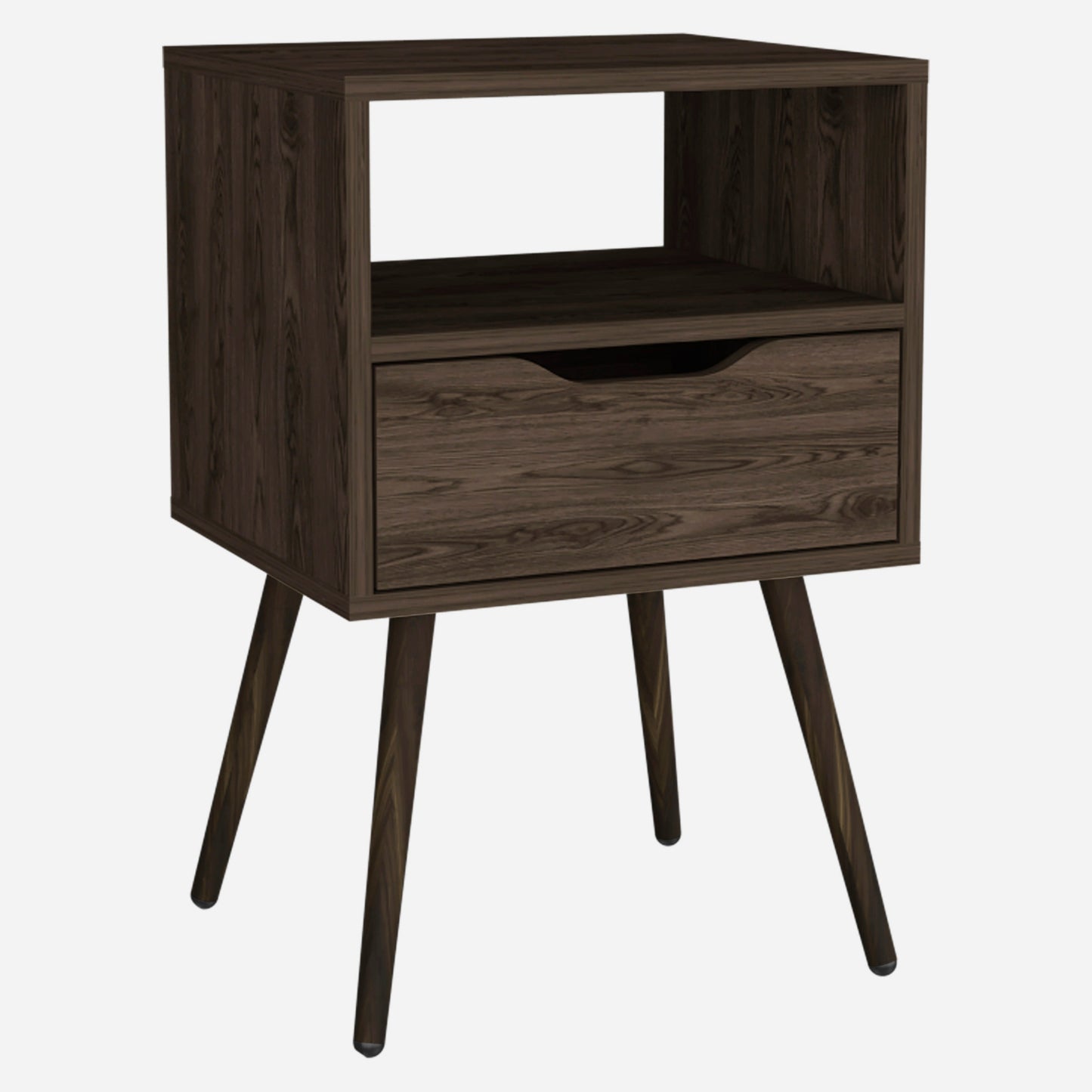 Dark wood bedside table with a single drawer and an open shelf for storage