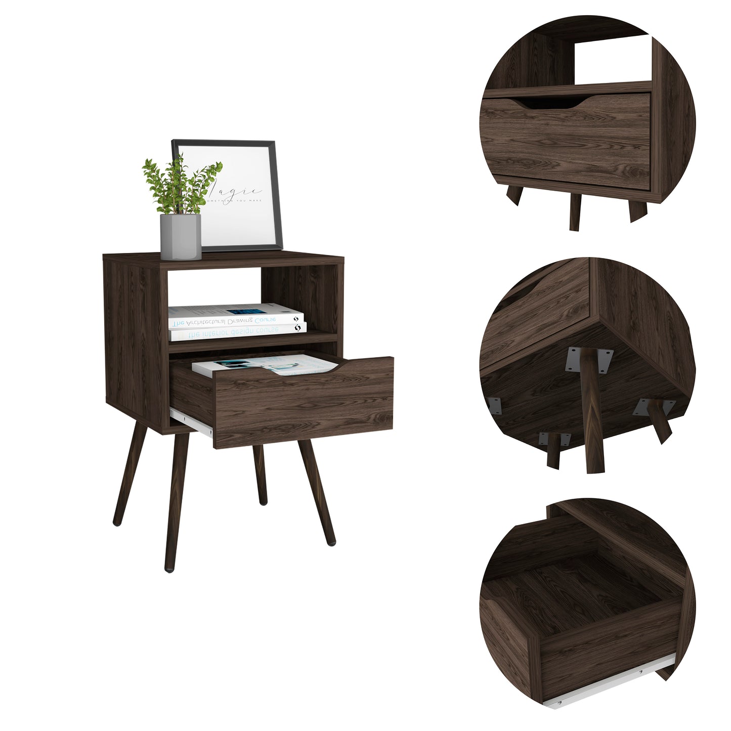 Dark wood nightstand with tapered legs and a drawer