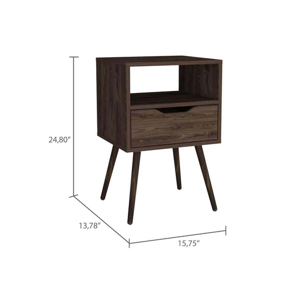 Dark wood midcentury modern nightstand with drawer and open shelf