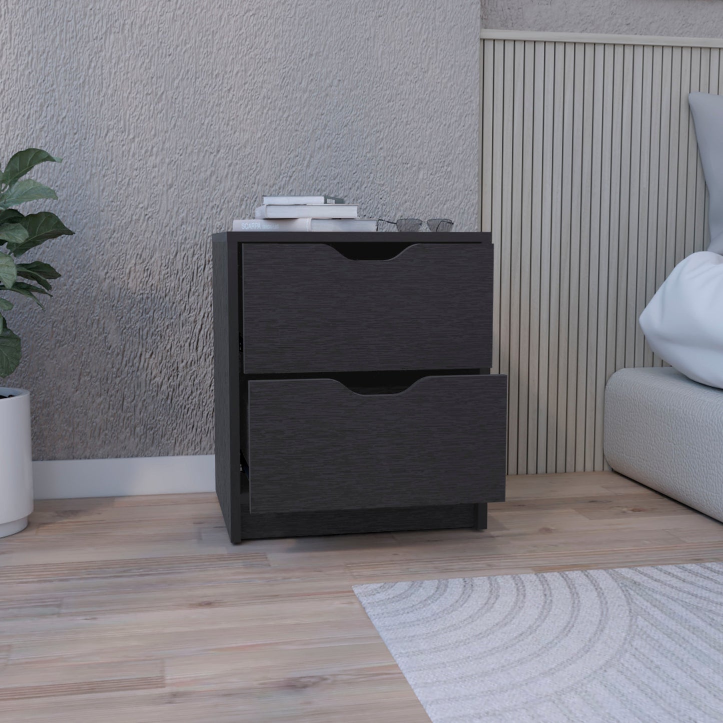 Dark gray wooden nightstand with two drawers and integrated handles featuring a modern design