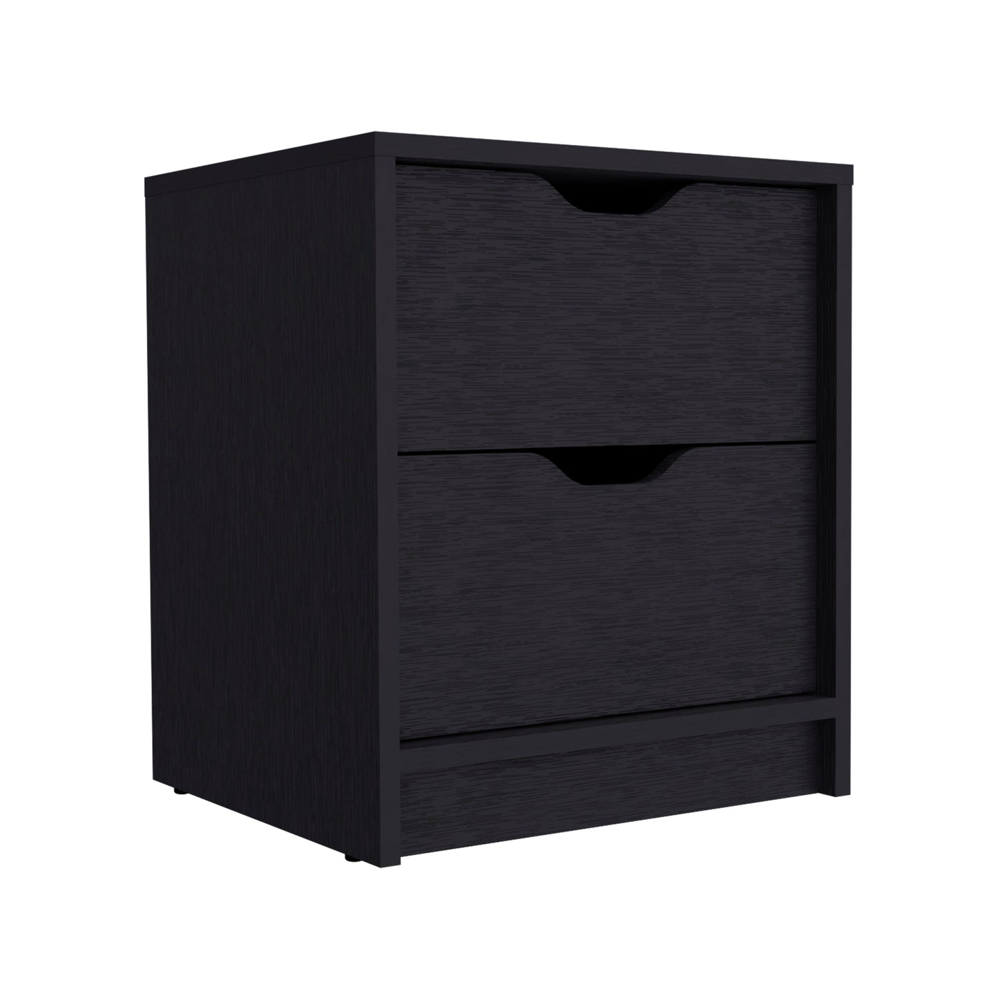 Black twodrawer nightstand with subtle wood grain texture
