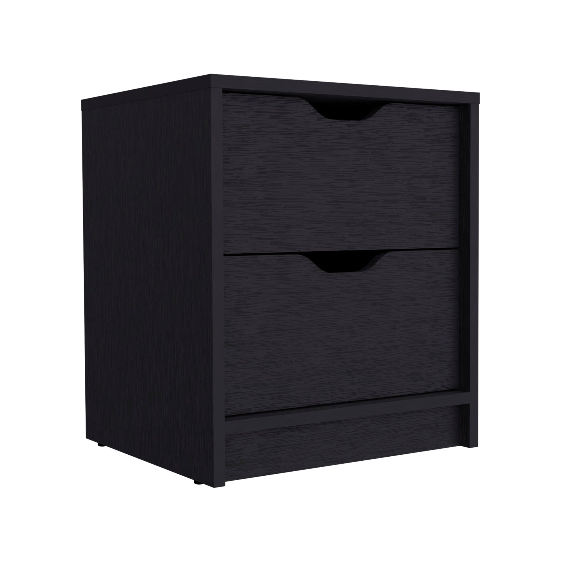 Black twodrawer nightstand with subtle wood grain texture