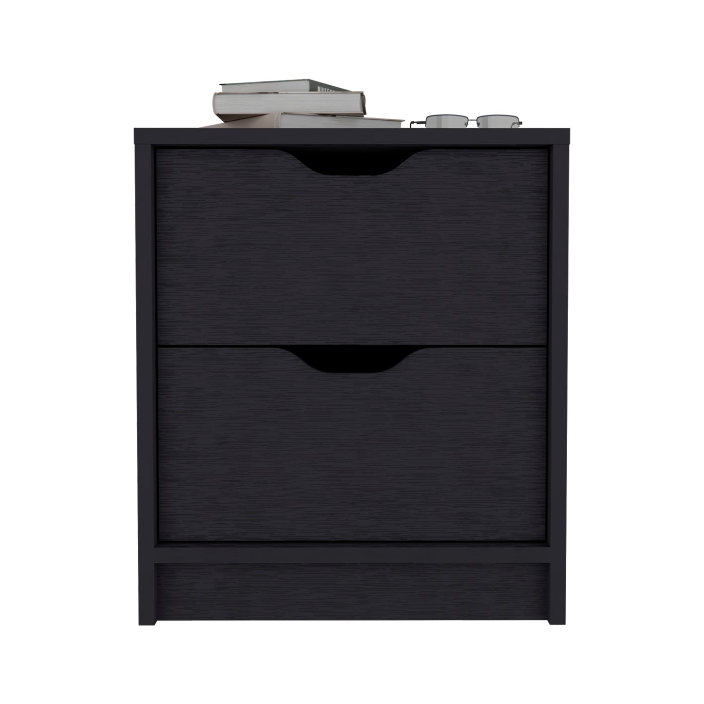Modern black nightstand with two drawers and integrated pullout handles