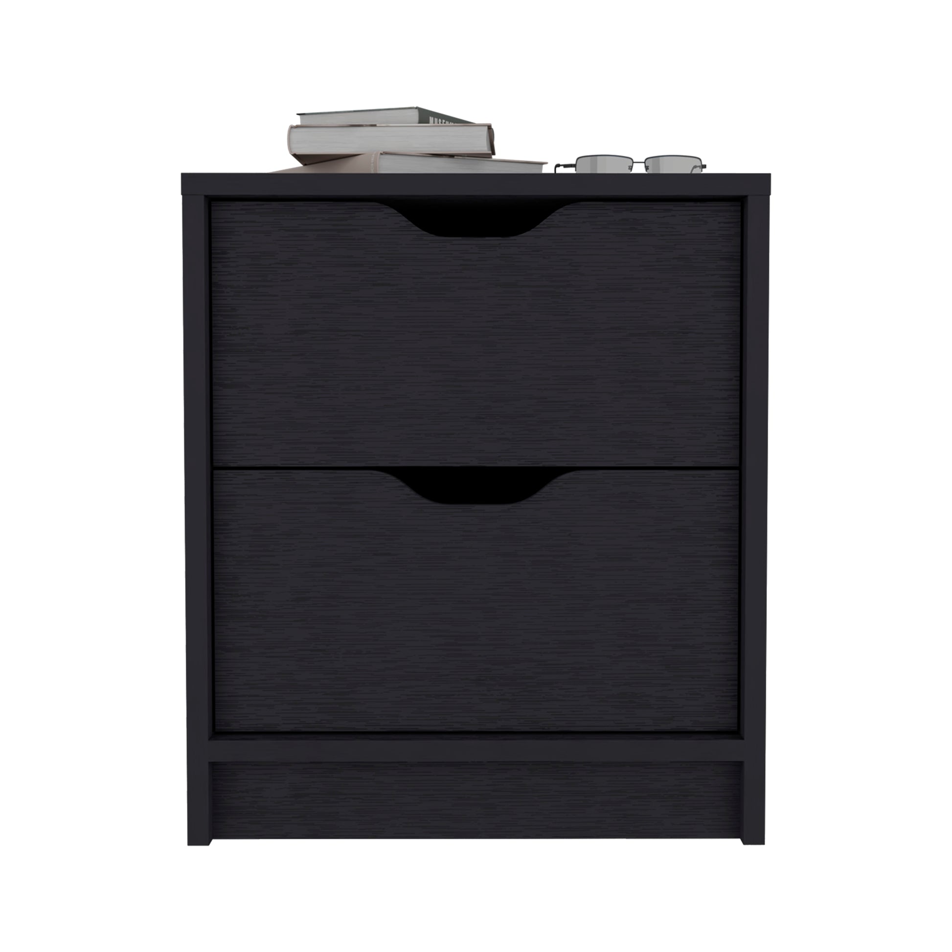 Modern black nightstand with two drawers and integrated pullout handles