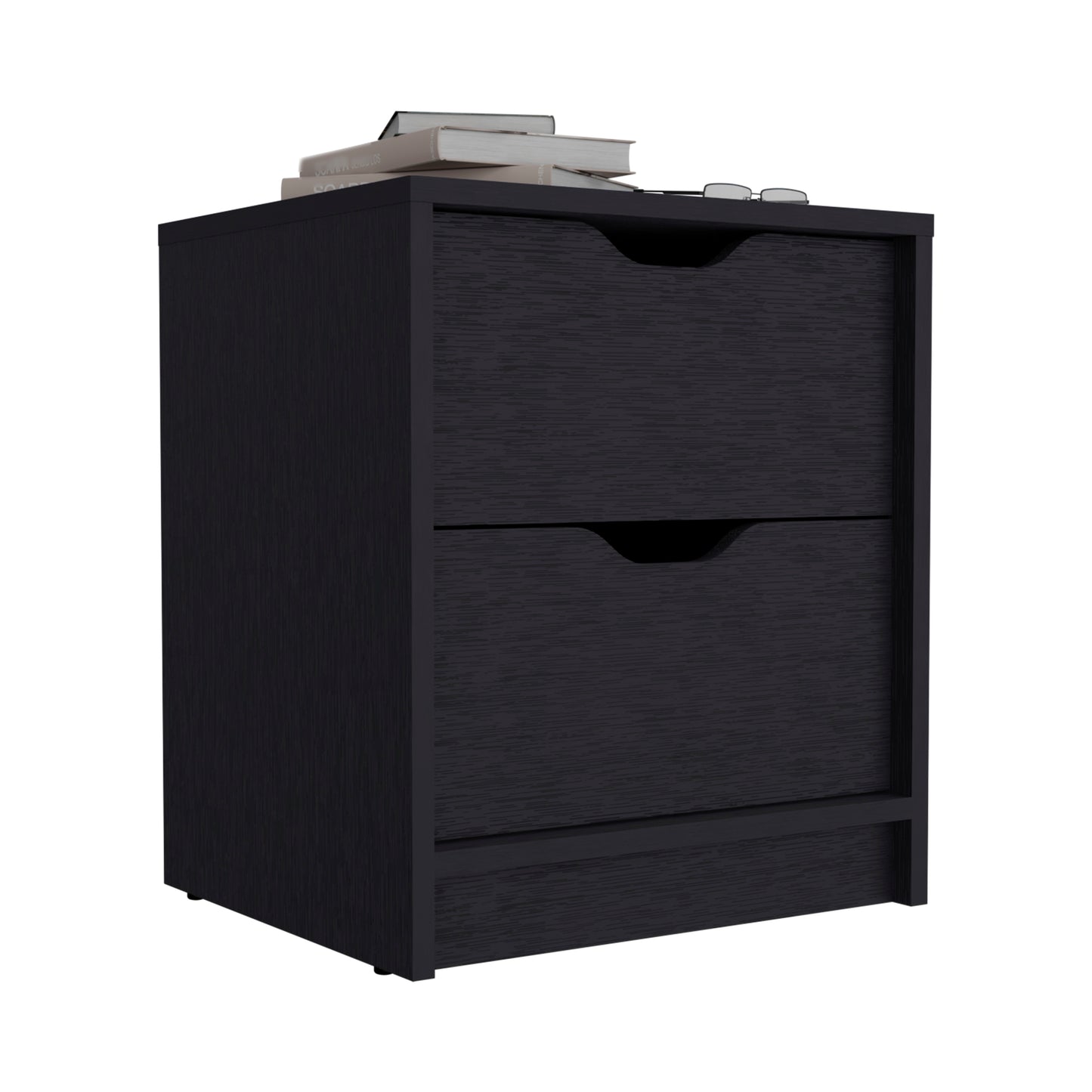 Dark wood twodrawer nightstand with integrated handles and top surface displaying books and glasses