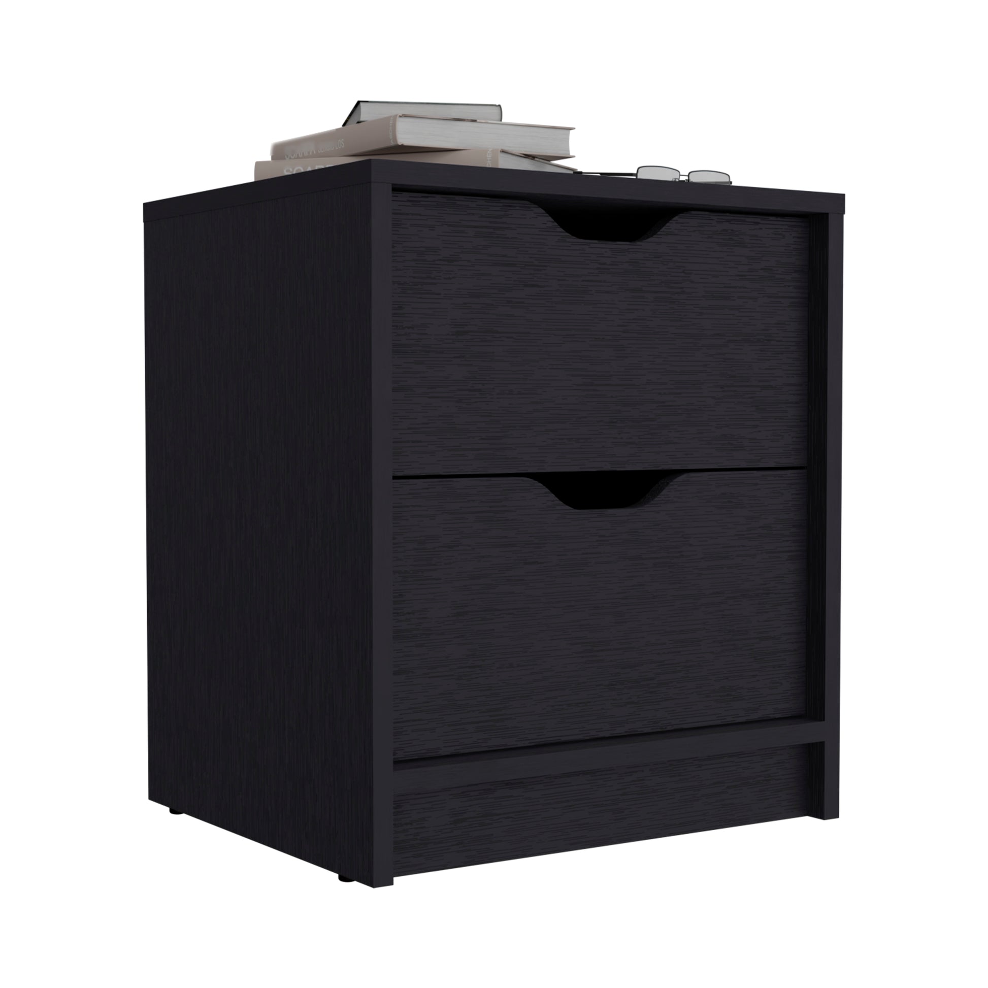Dark wood twodrawer nightstand with integrated handles and top surface displaying books and glasses