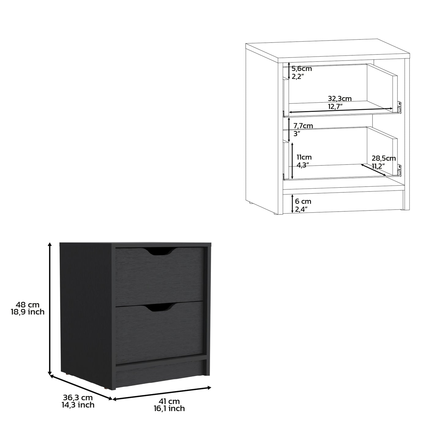 Black twodrawer nightstand with brushed nickel pulls and wooden grain texture