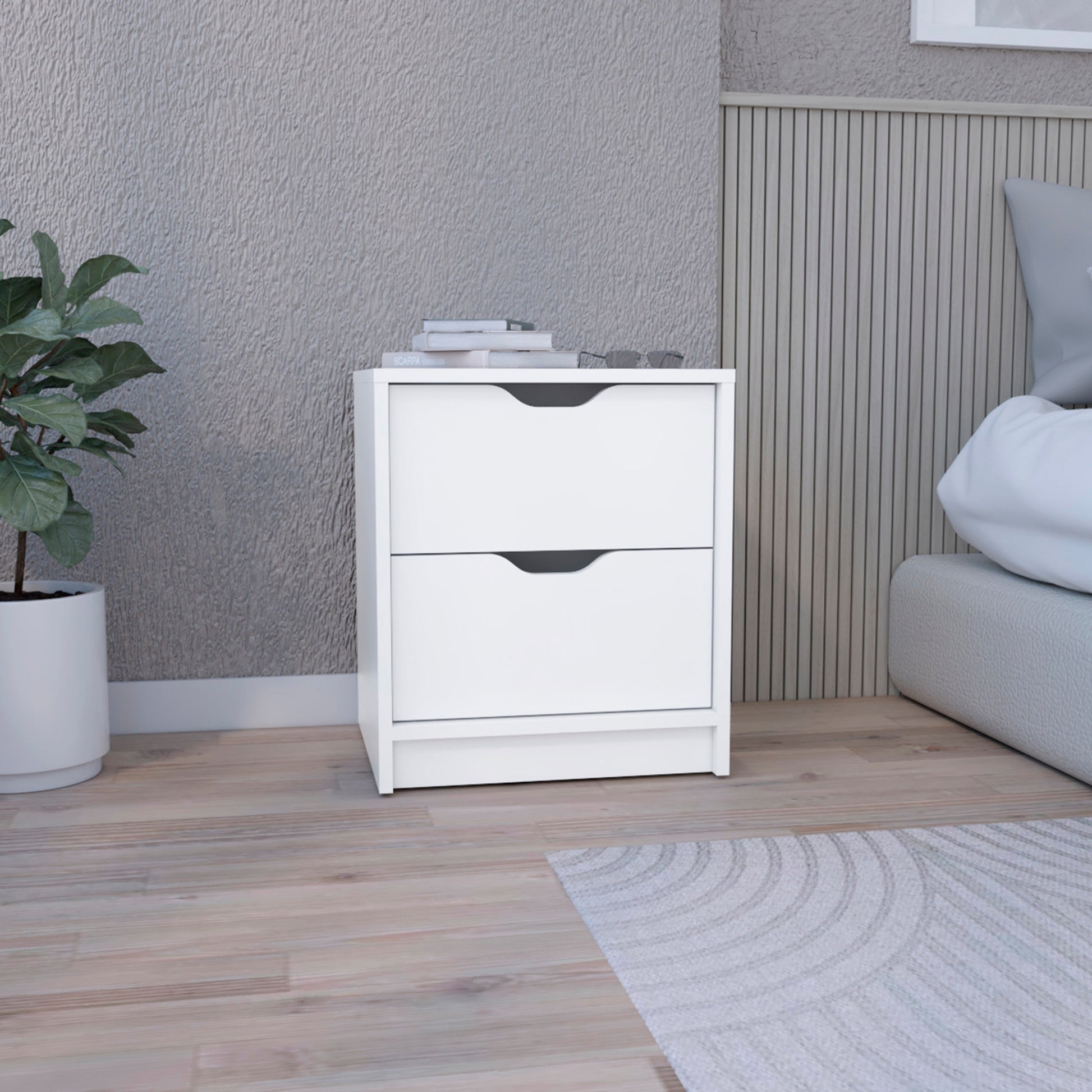 White twodrawer nightstand with cutout handles modern bedroom accent