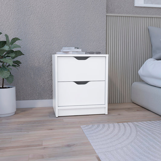 White twodrawer nightstand with cutout handles modern bedroom accent