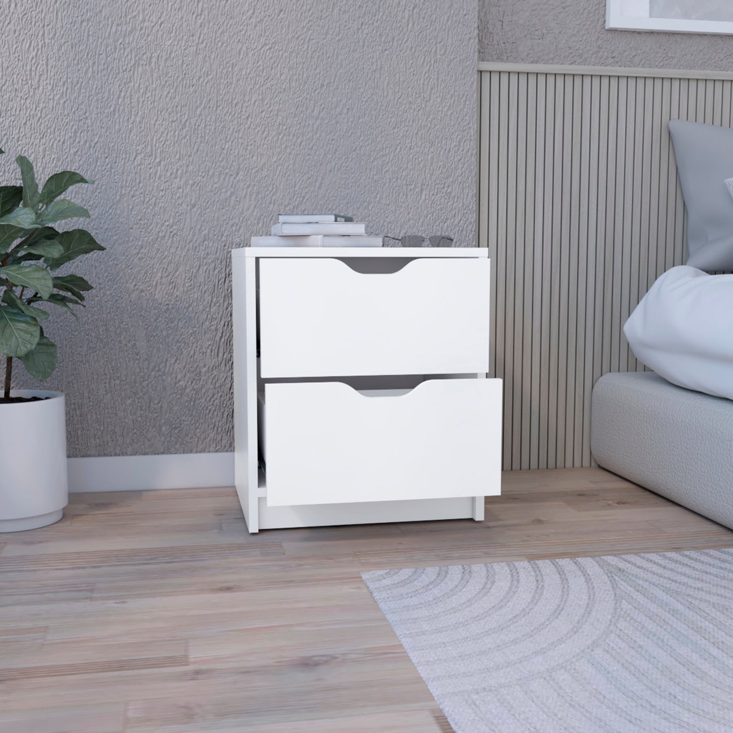 Modern white twodrawer nightstand with curved handles perfect for bedside storage