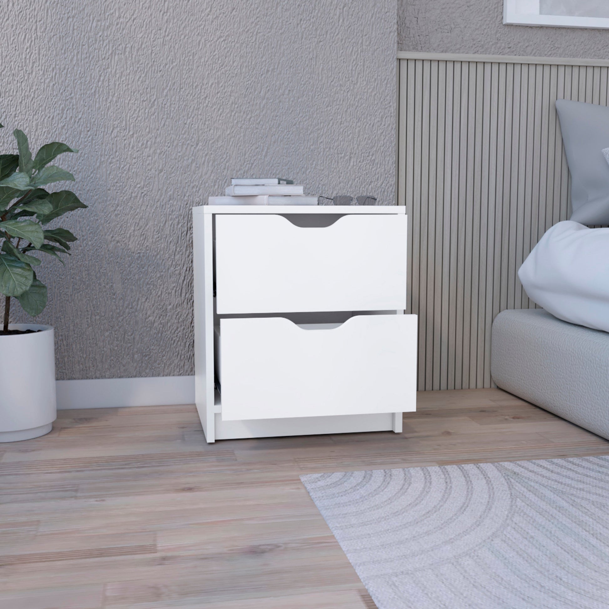Modern white twodrawer nightstand with curved handles perfect for bedside storage