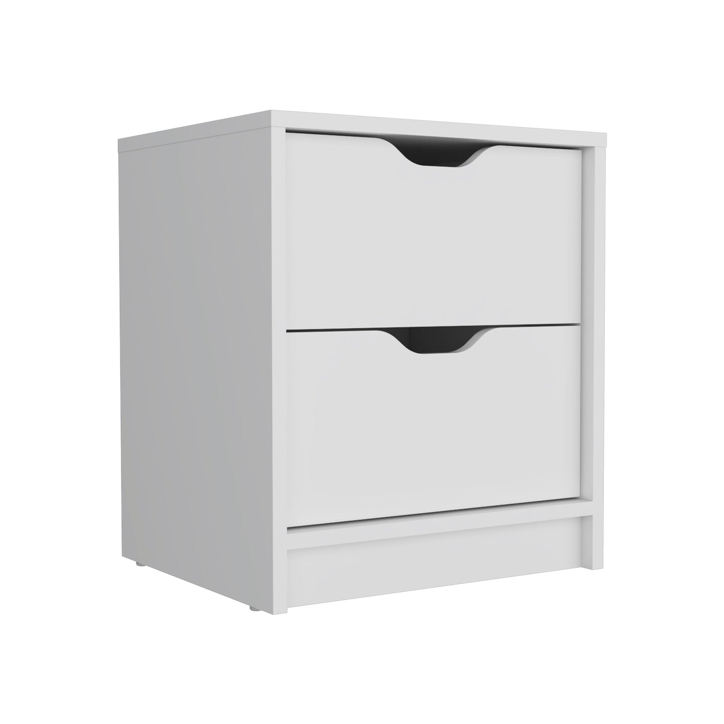 Modern white twodrawer nightstand with cutout handles for bedroom storage