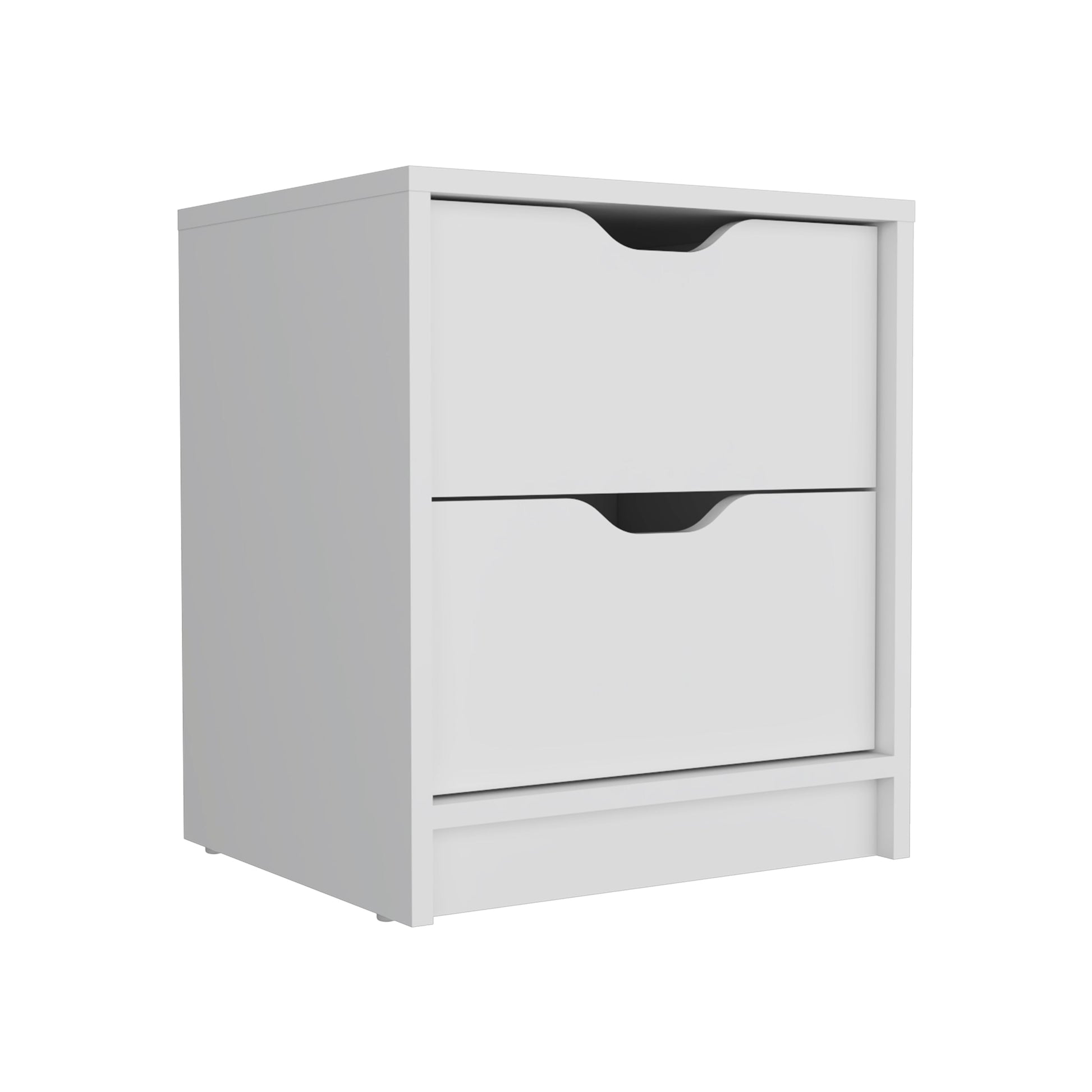 Modern white twodrawer nightstand with cutout handles for bedroom storage