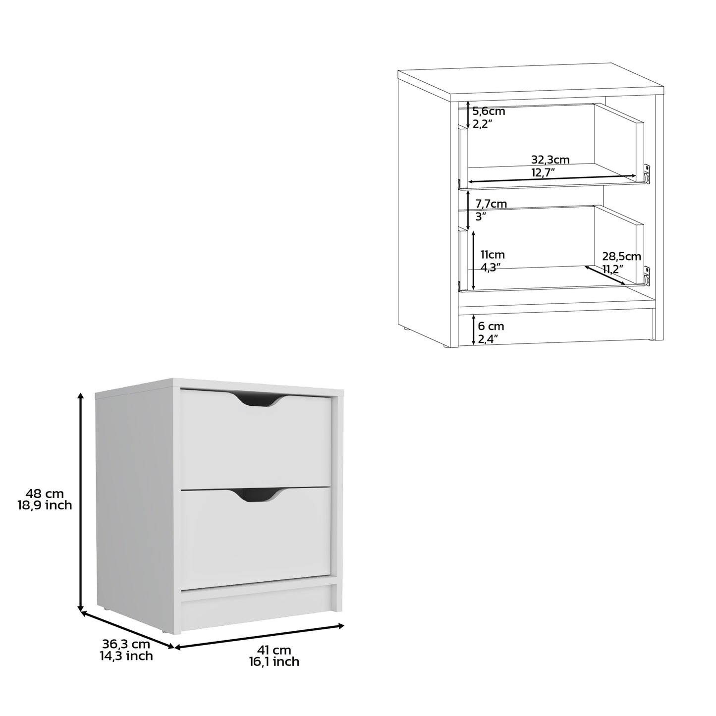 White twodrawer nightstand with integrated handles and dimensions listed Ideal for bedside storage