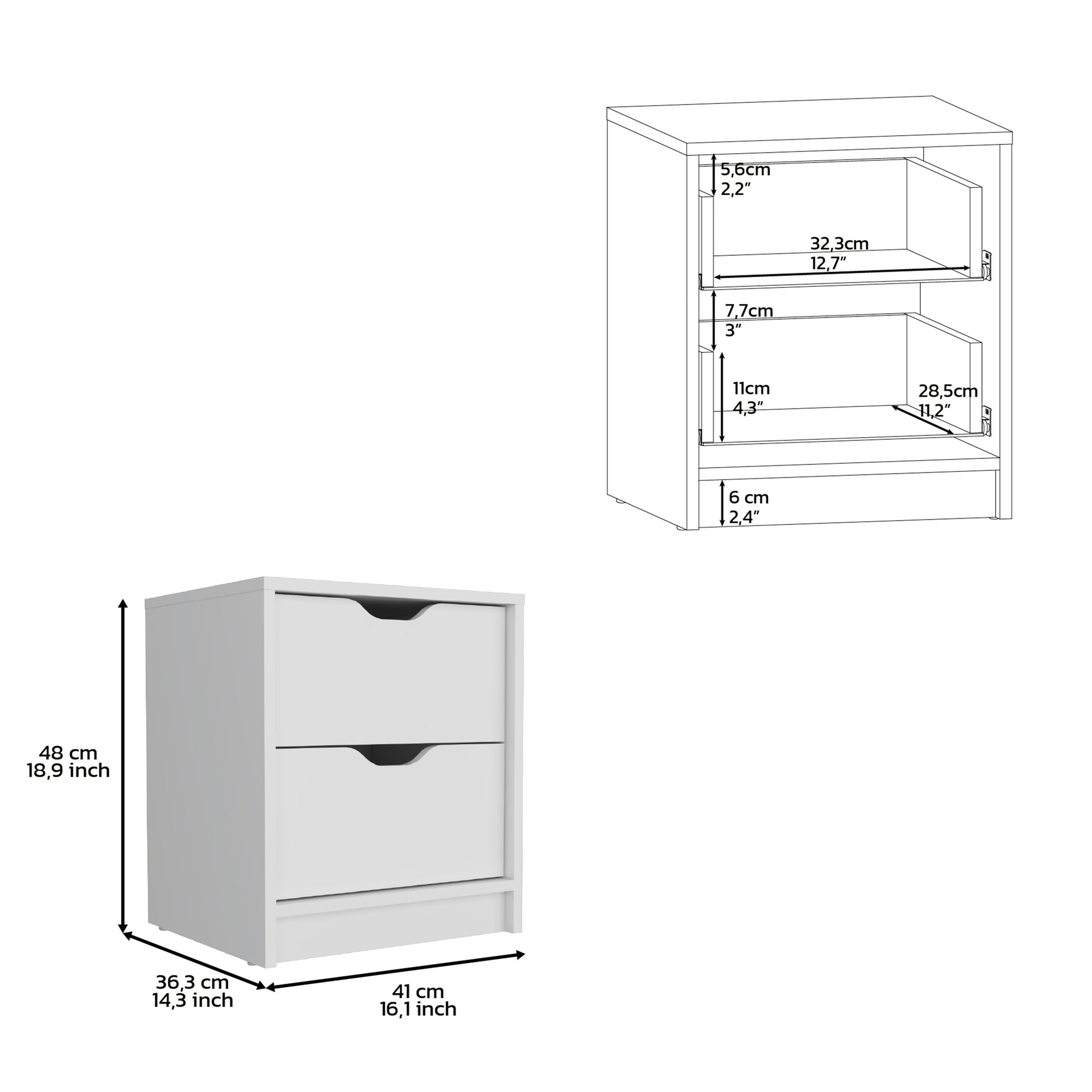 White twodrawer nightstand with integrated handles and dimensions listed Ideal for bedside storage
