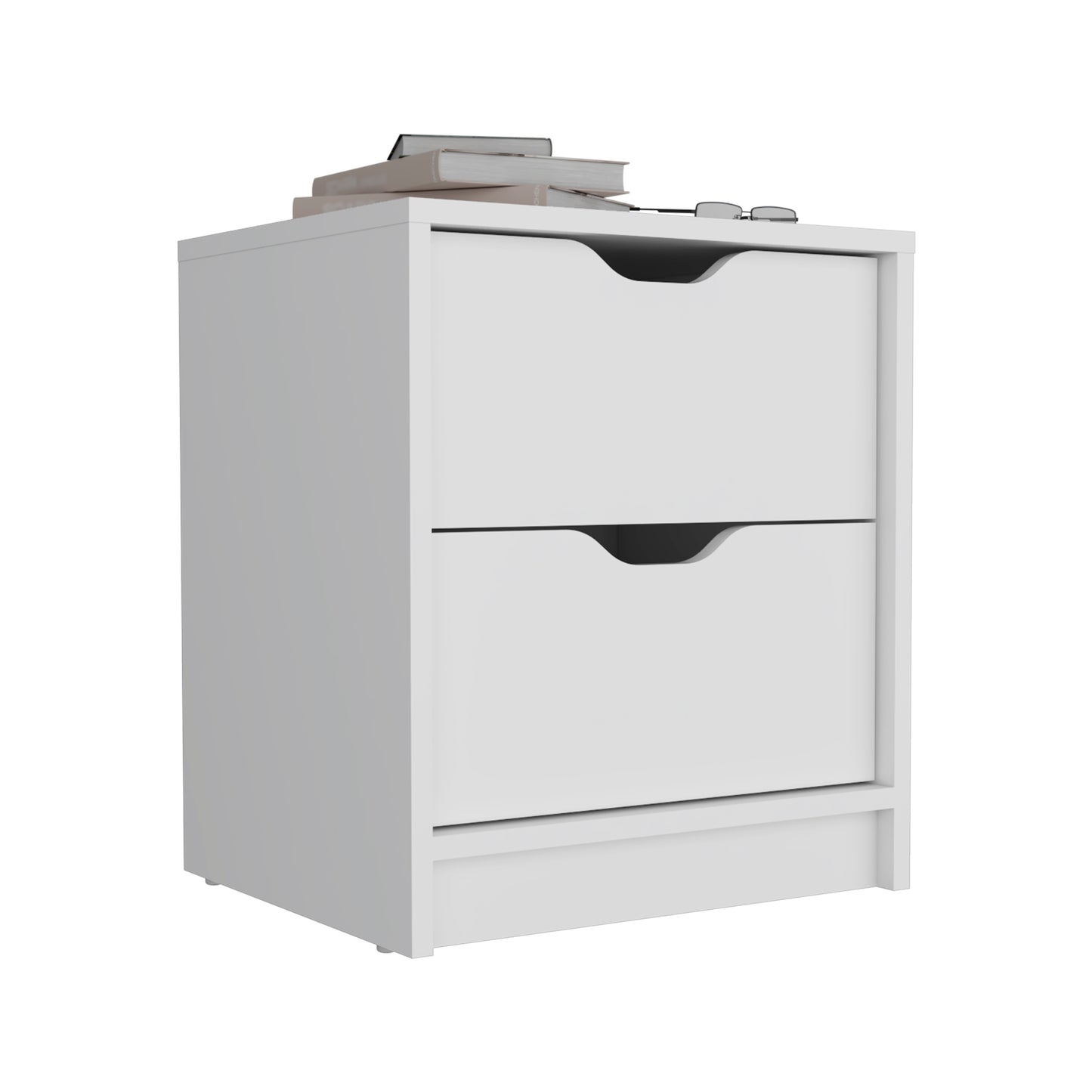 White bedside table with two drawers featuring cutout handles and a minimalist design