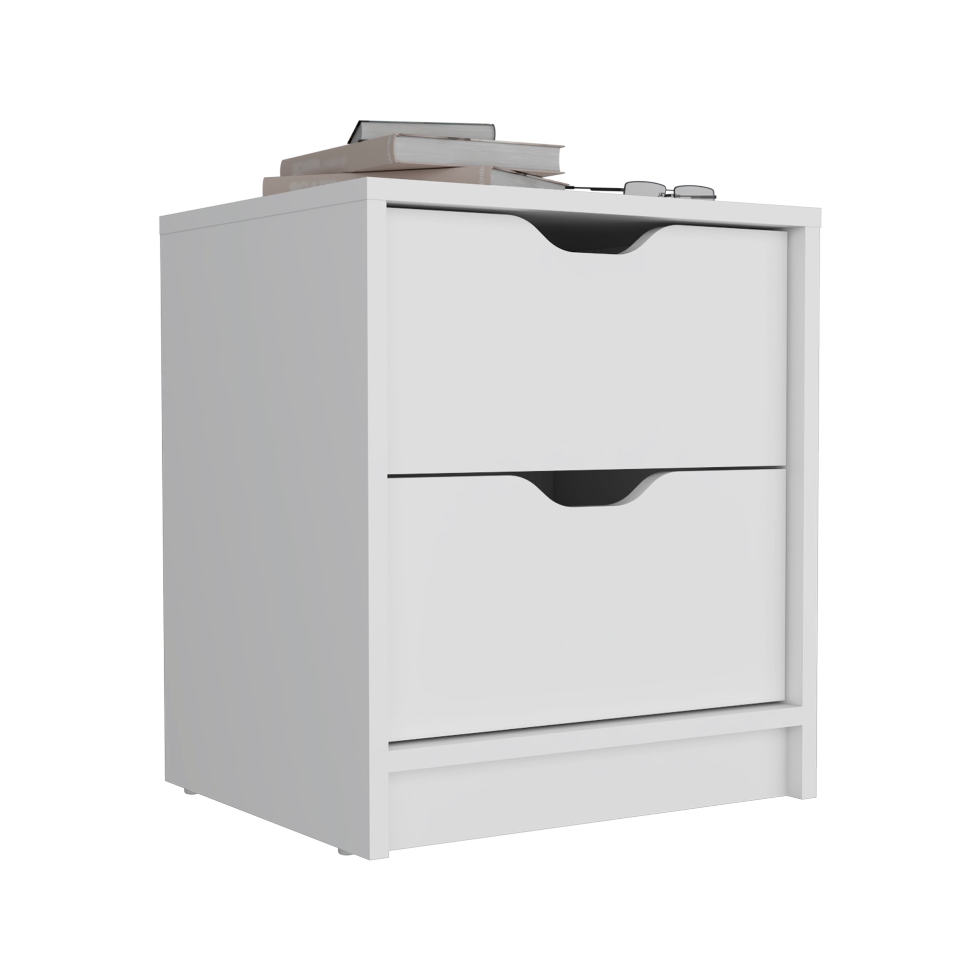 White bedside table with two drawers featuring cutout handles and a minimalist design