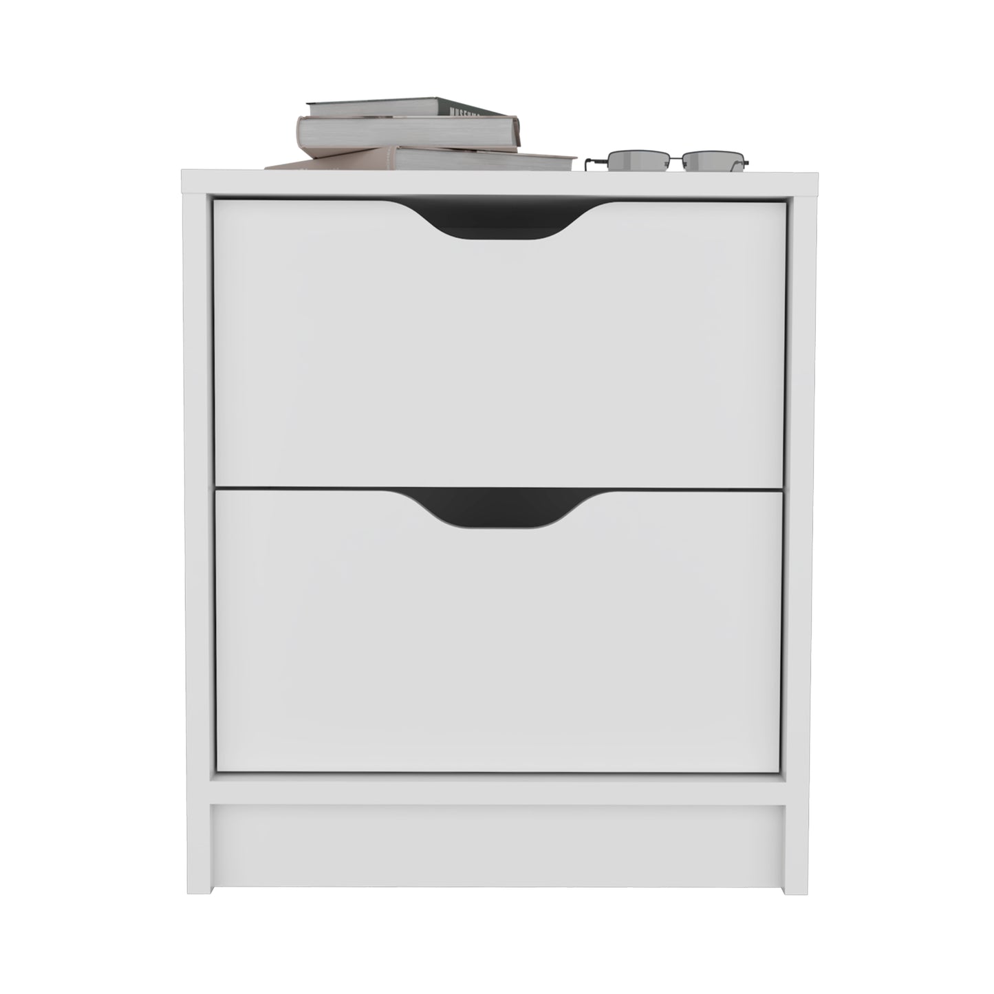 Modern white twodrawer nightstand with sleek black pull cutouts perfect for bedrooms