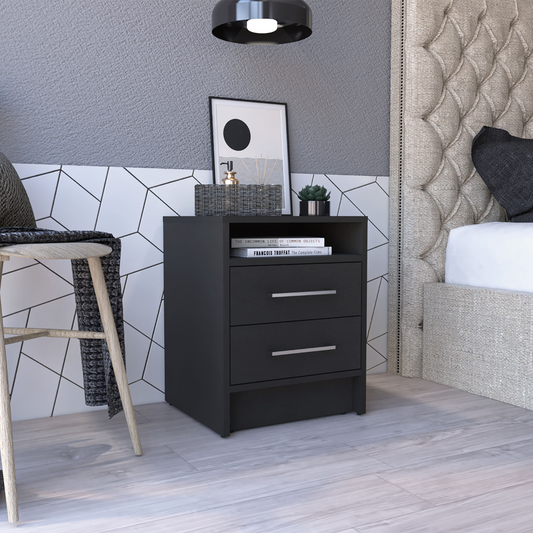 Modern black nightstand with two drawers and silver handles ideal for bedroom storage
