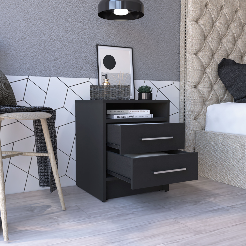 Modern dark gray nightstand with two drawers and open shelf space for bedroom decor