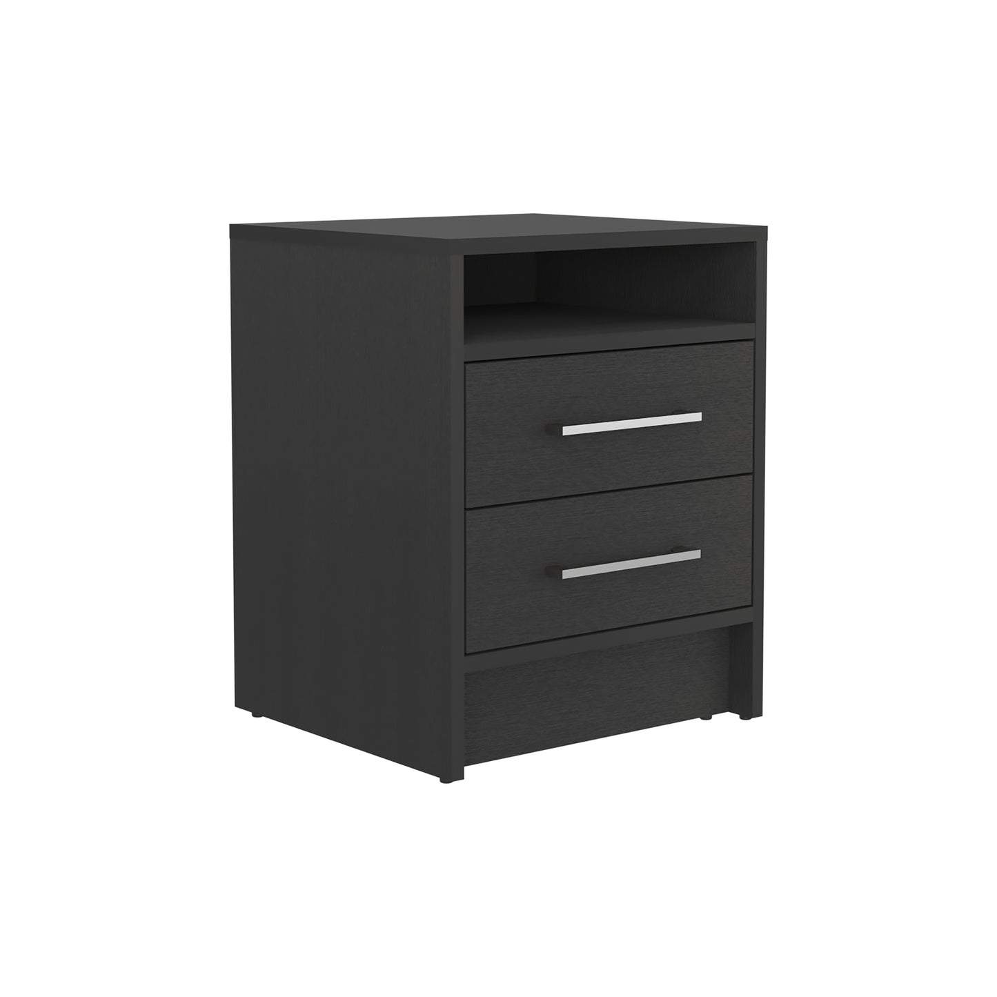 Modern charcoal gray nightstand with two drawers and open shelf