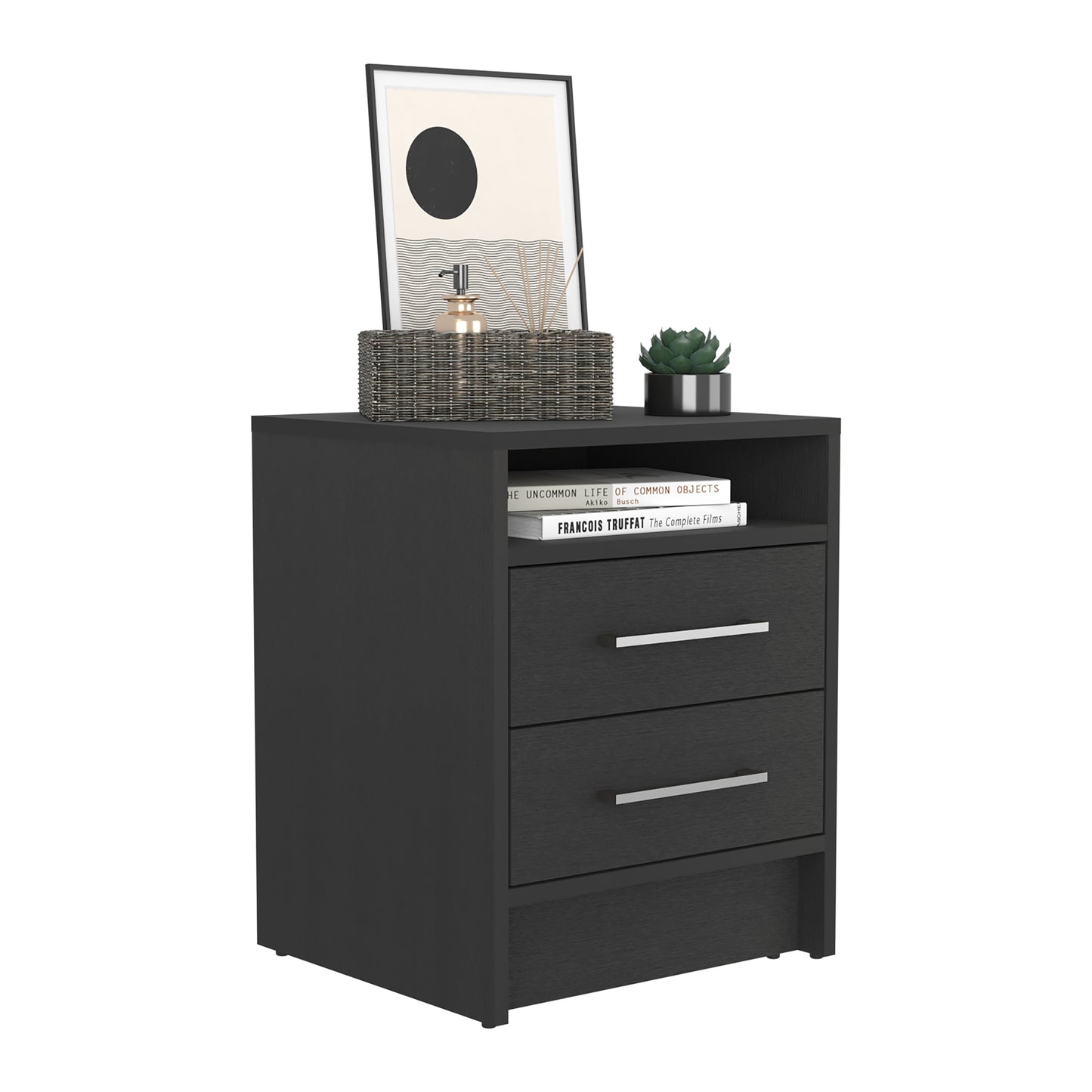 Dark gray wood grain nightstand with two drawers and open shelf