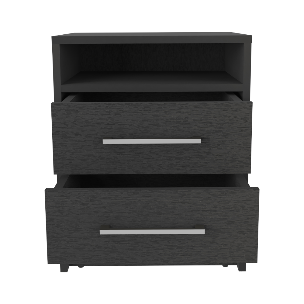 Dark gray textured wood nightstand with two open drawers and a shelf