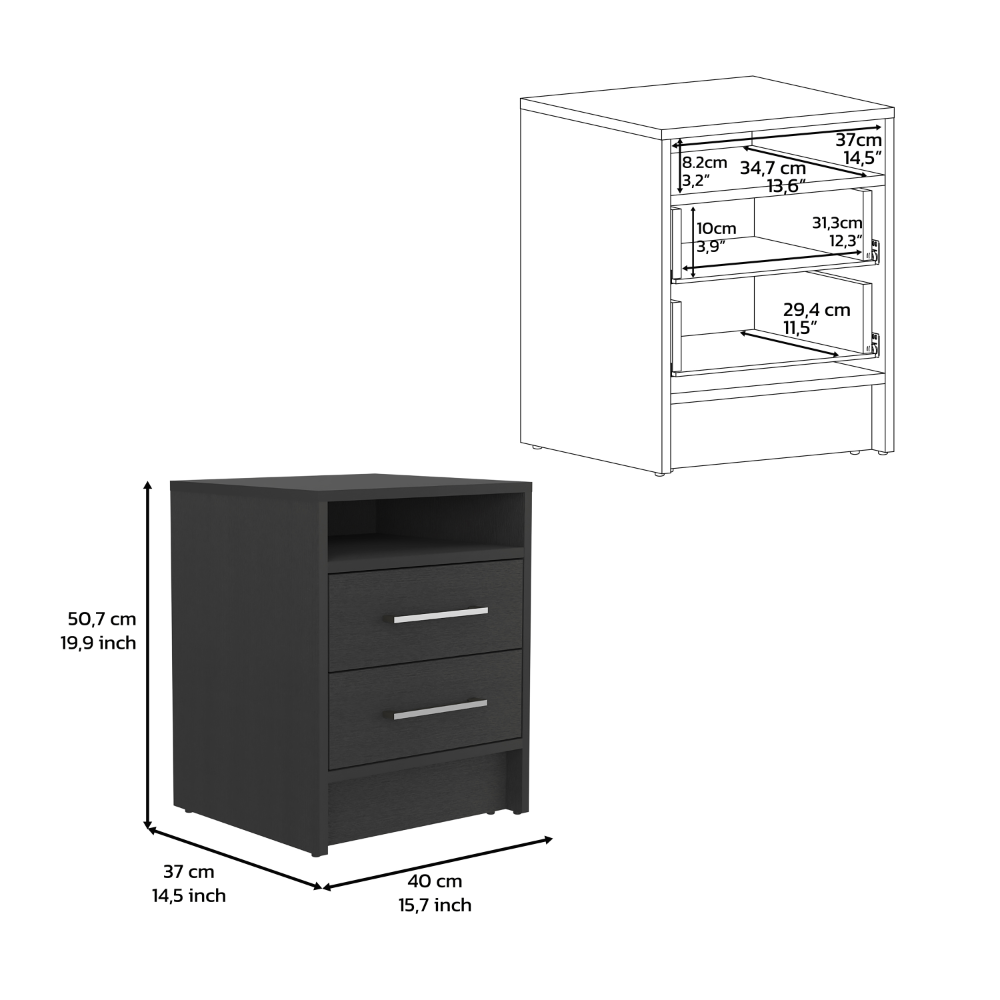 Dark gray nightstand with two drawers and an open shelf perfect for bedrooms