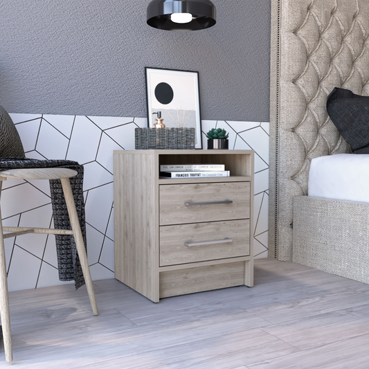 Light oak wood nightstand with two drawers and an open shelf